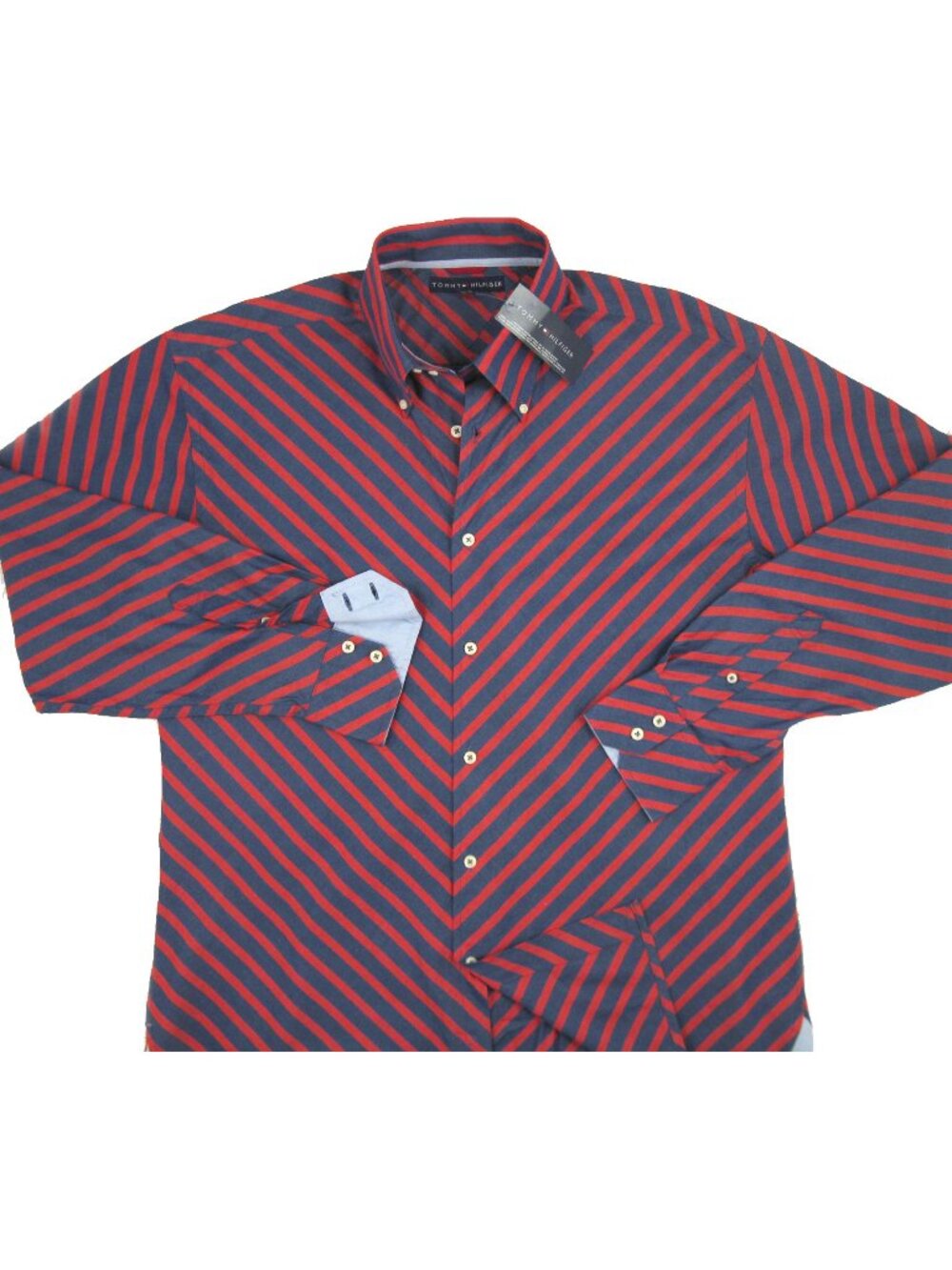 NEW Vintage Tommy Hilfiger Shirt! Blue & Red Geometric Diagonal Stripes RUN BIG